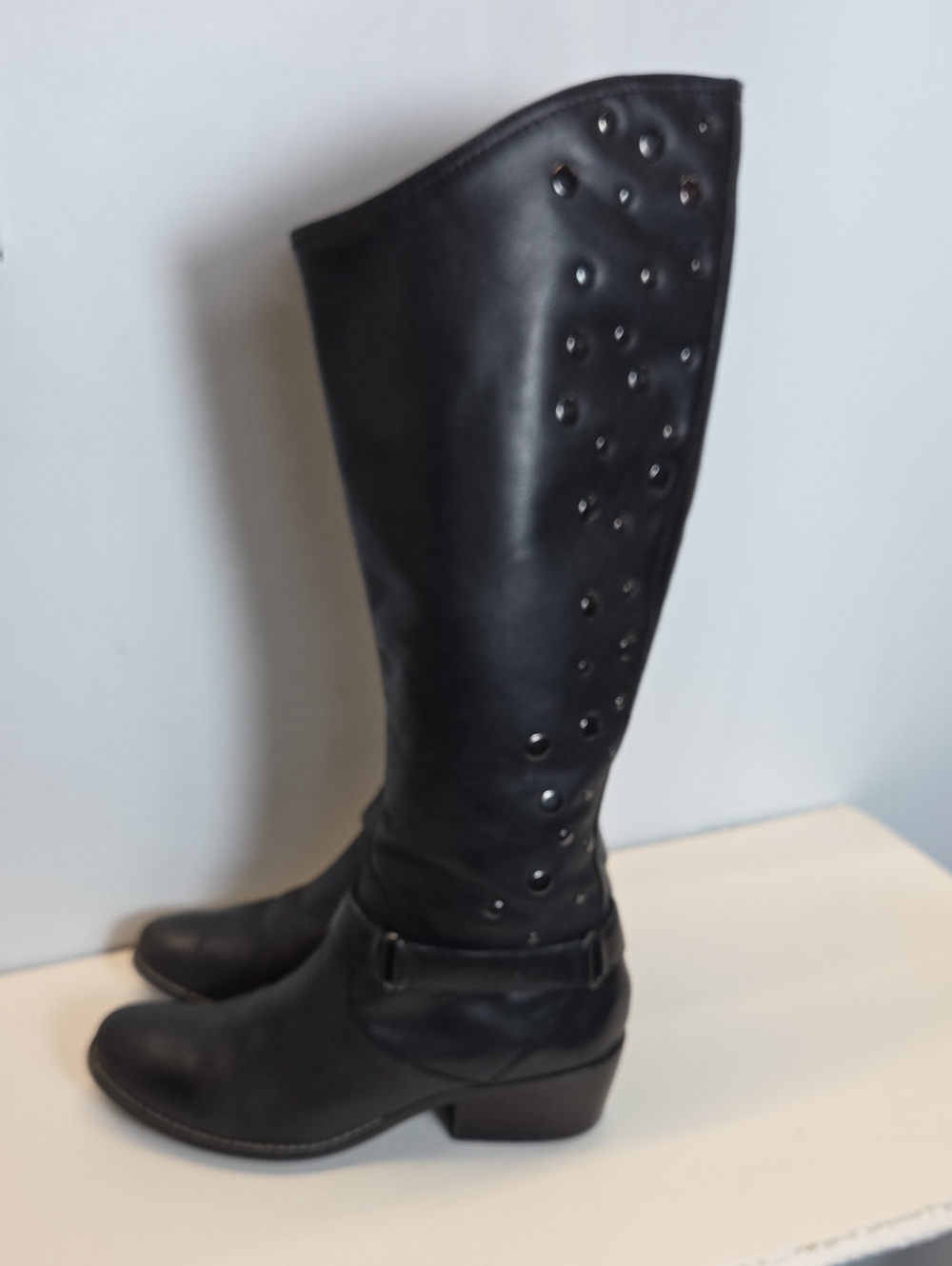 libby. edelman Black Leather Stud-Embellished Knee-High Boots Size 6